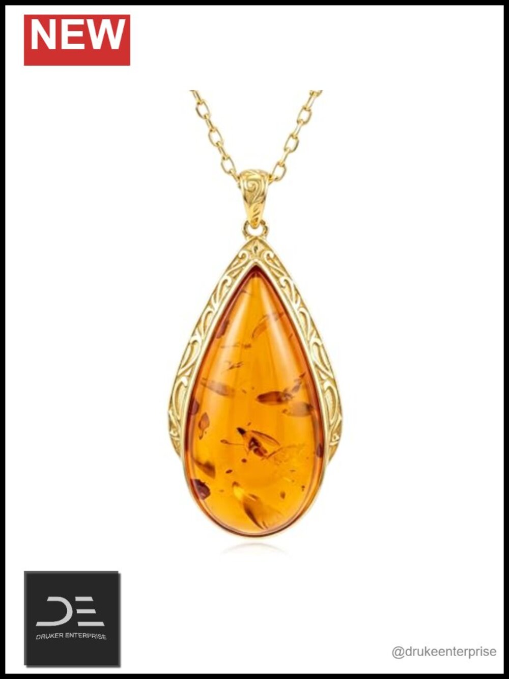 Genuine Amber Teardrop Necklace 14K Gold Plated Pendant Vintage Women Jewelry